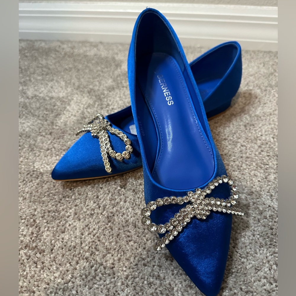 Royal Blue Satin Pointed Toe Flats with Crystal Bow
